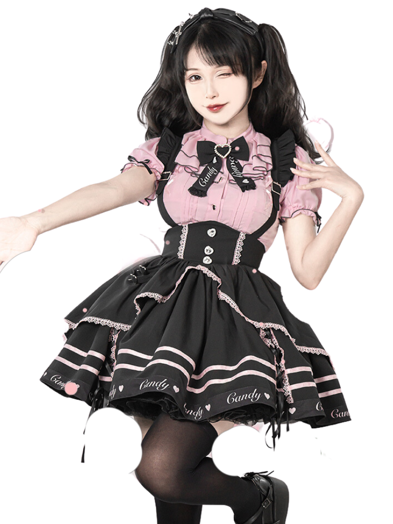 Berry Fleur Sweet Girl Blouse Black Pink Suspender Dress Set