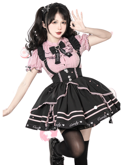 Berry Fleur Sweet Girl Blouse Black Pink Suspender Dress Set