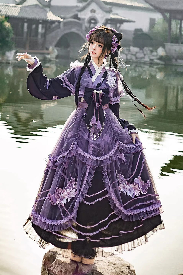 Purple [violet Gauze Lily] Stand Collar Long Sleeves Ruffled Embroidered Bow Classic Chinese Style Lolita Dress Set