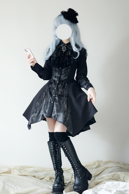 High Collar Blocking Asymmetrical Dress