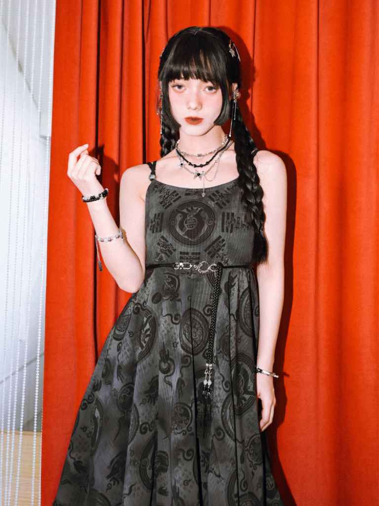 Dark Chinese-style Asymmetric Long Camisole Dress + Short Cardigan
