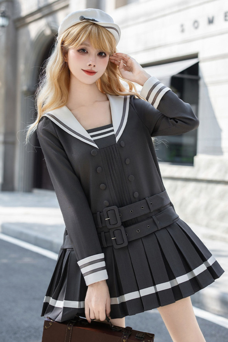 Sailor Collar Pleated College Dress + Ribbon + Hat
