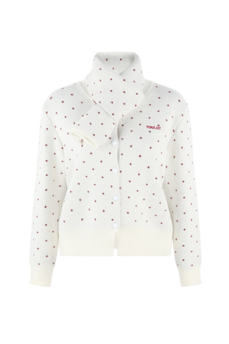 French Style Dotted Cardigan With Scarf