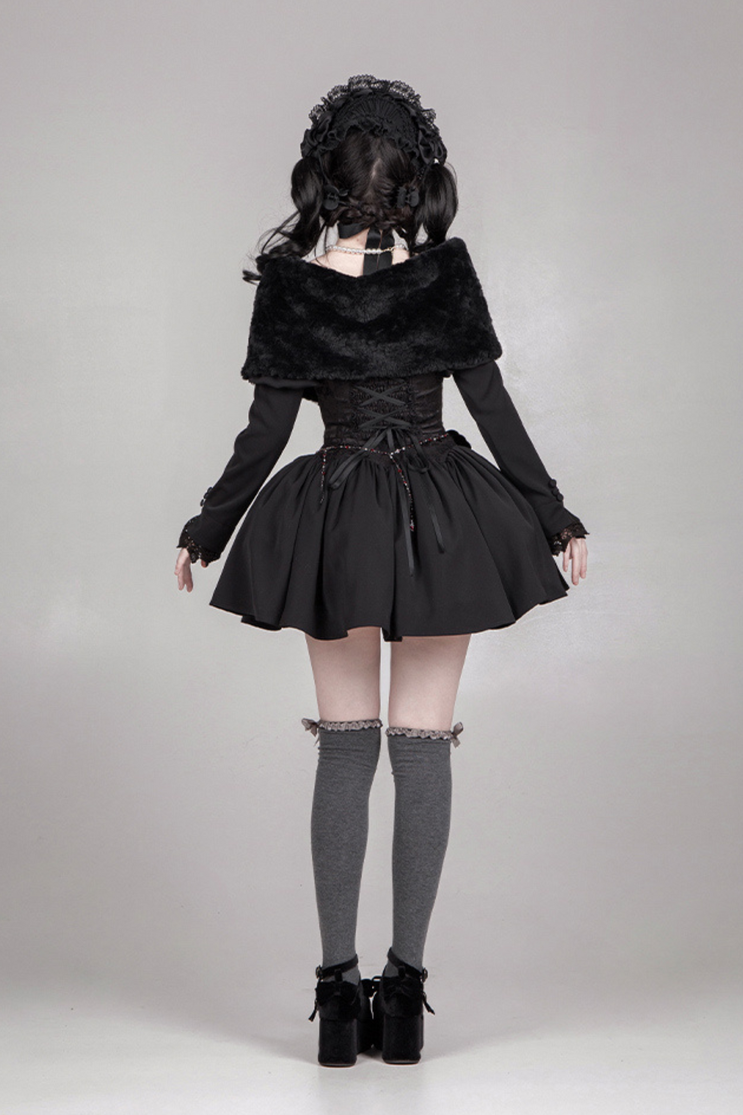 [pre-order] Dark Sweet Lolita Dress + Faux Collar + Necklace + Jacket + Ribbon + Sleeve + Fur Shawl