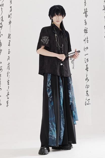 Dark Chinese-style Shirt + Wide Leg Pants + Chain + Belt