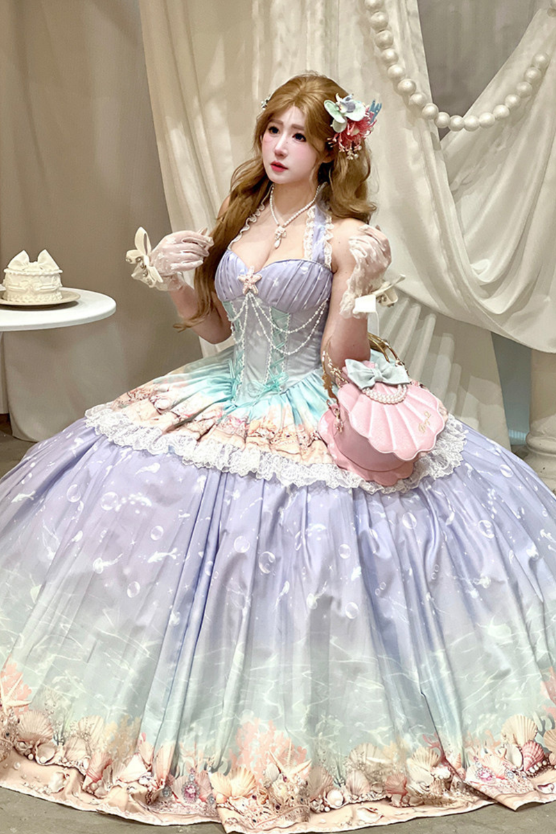 Gradient Bubble Halter Neck French Dress + Skirt