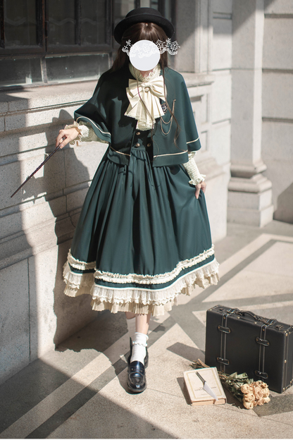 [pre-order] Retro Academia Jumper Skirt + Striped Shirt + Hooded Cape + Short Jacket + Collar + Brooch