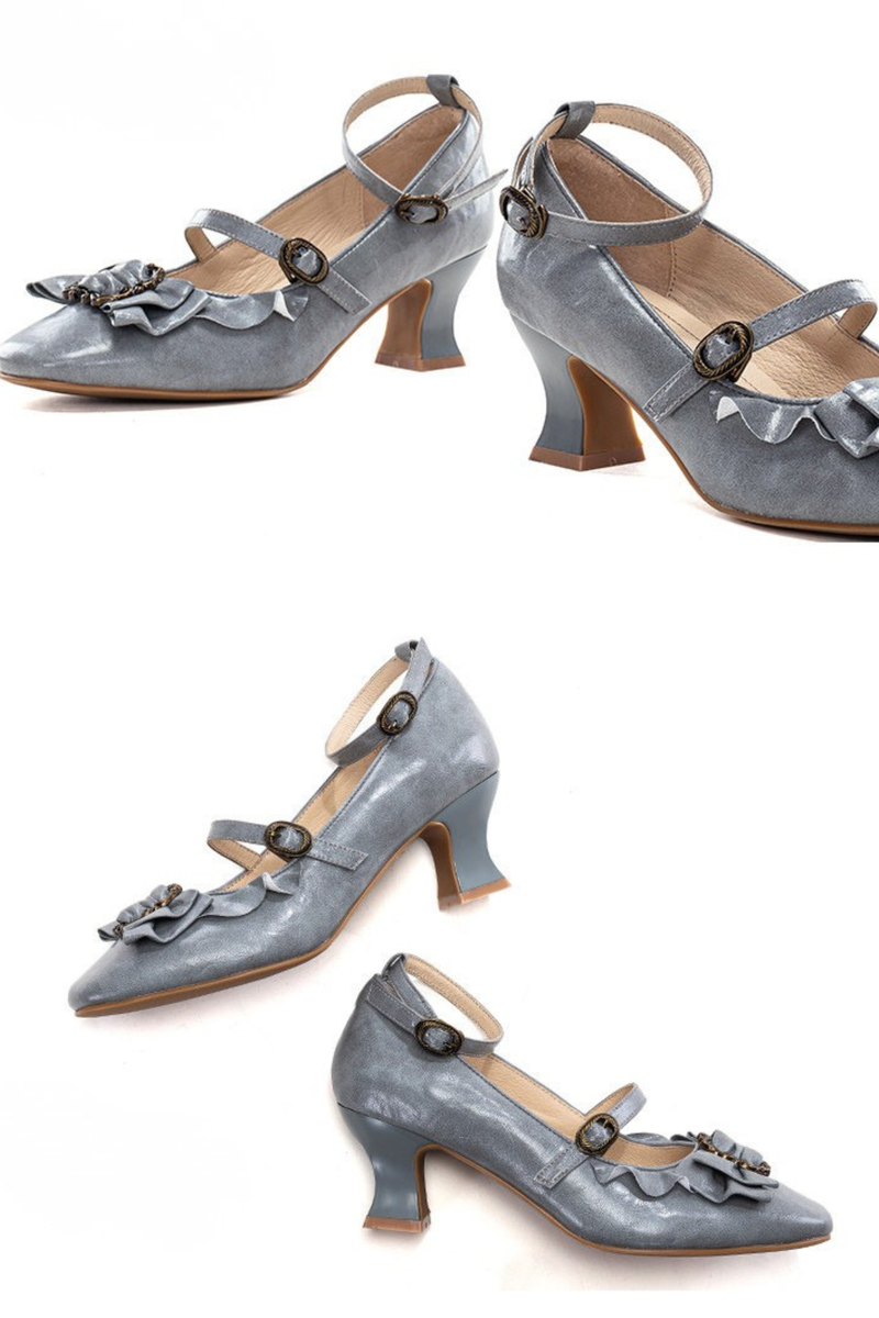 Leather Ribbon Ruffle Lolita Heels