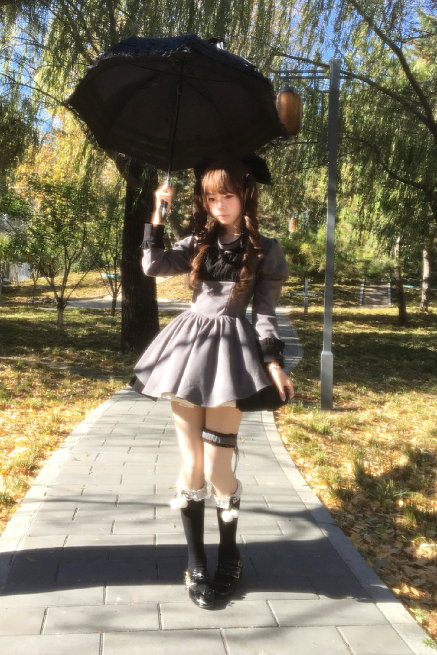 Twin Ruffle Maid Lolita Dress + Apron + Choker + Headband + Bow + Leg Warmers