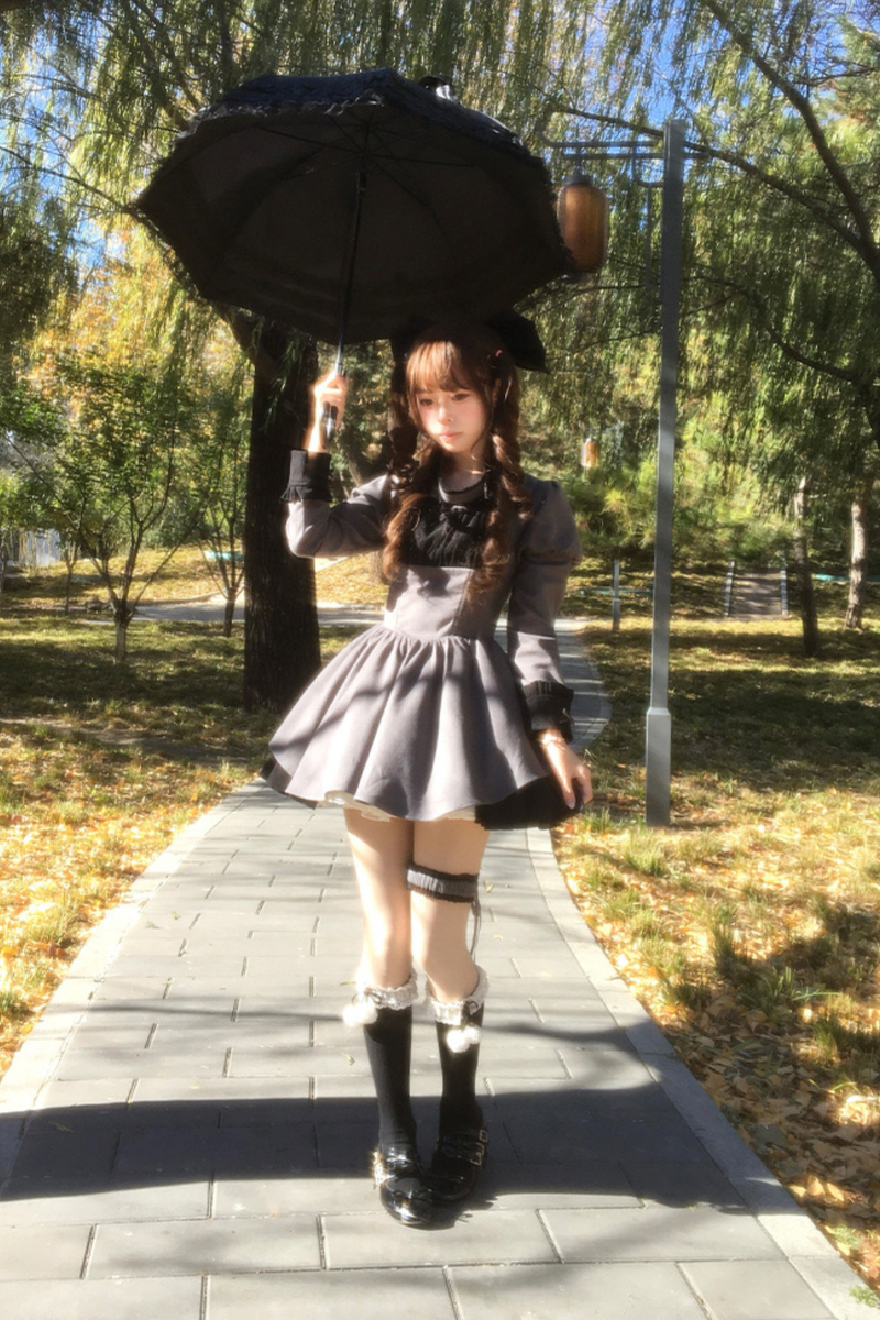 Twin Ruffle Maid Lolita Dress + Apron + Choker + Headband + Bow + Leg Warmers