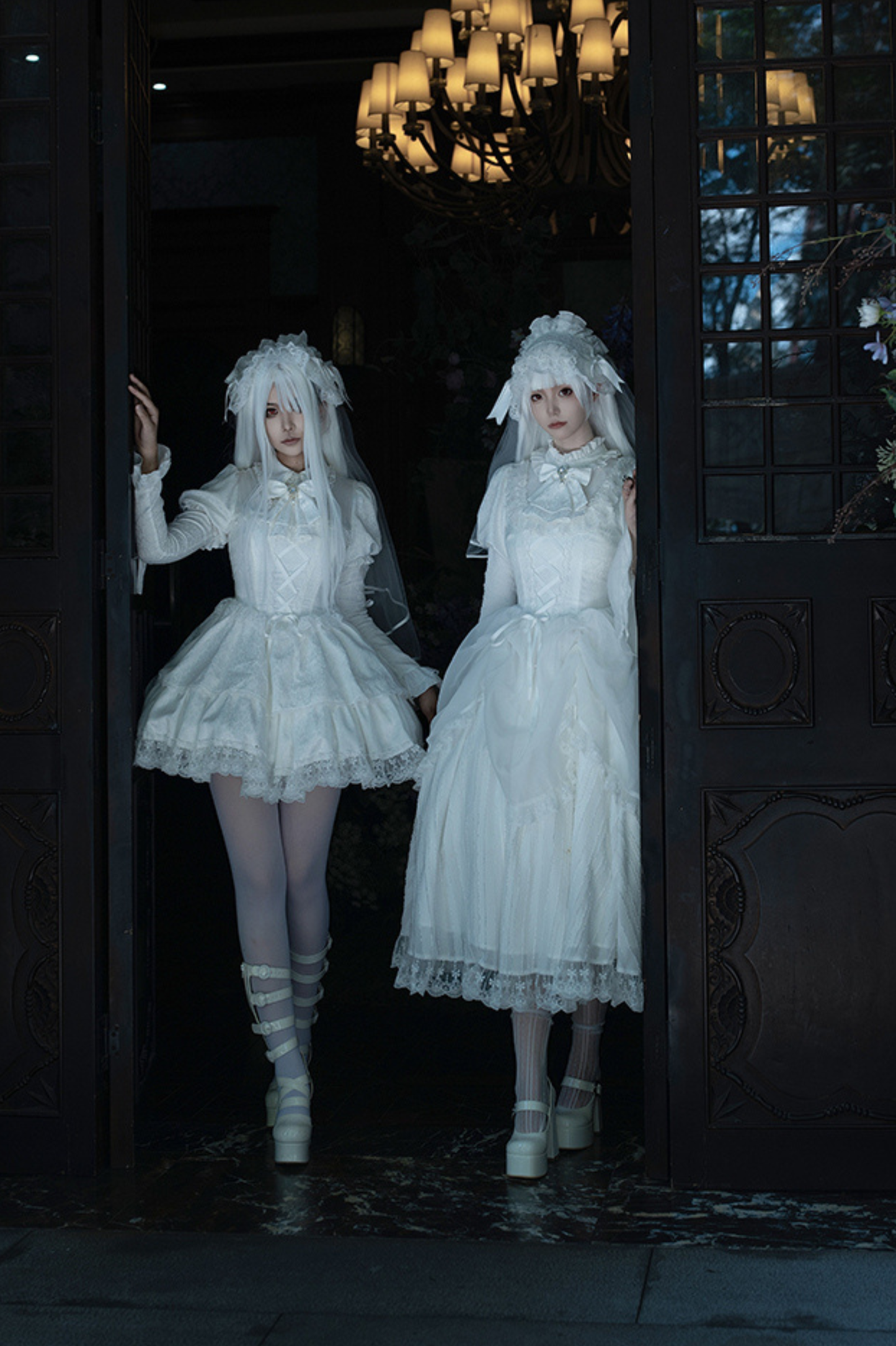 White Gothic Gemini Lolita Dress + Corset + Ribbon + Headband + Veil
