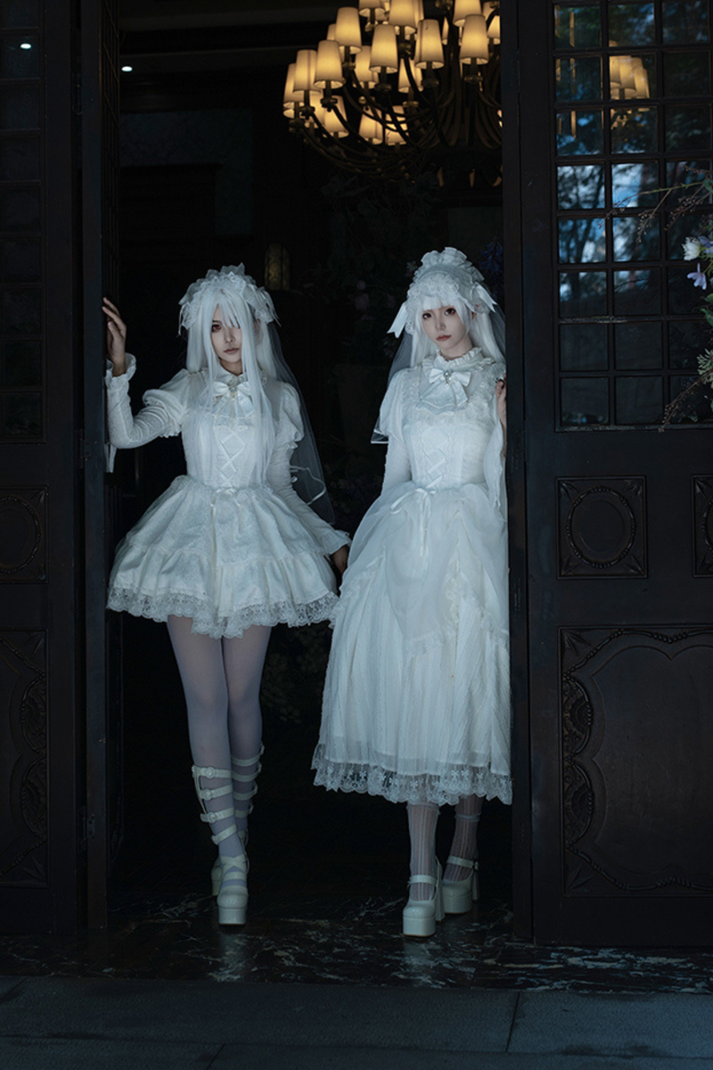 White Gothic Gemini Lolita Dress + Corset + Ribbon + Headband + Veil