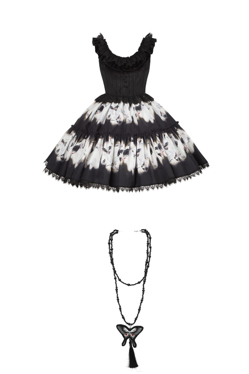 Butterfly Print Swing Lolita Dress + Jumper Skirt + Hairband + Innerwear + Ribbon