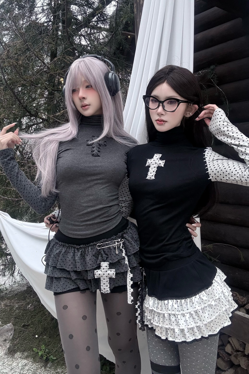 Cross Dot Turtleneck Top + Skirt + Pendant