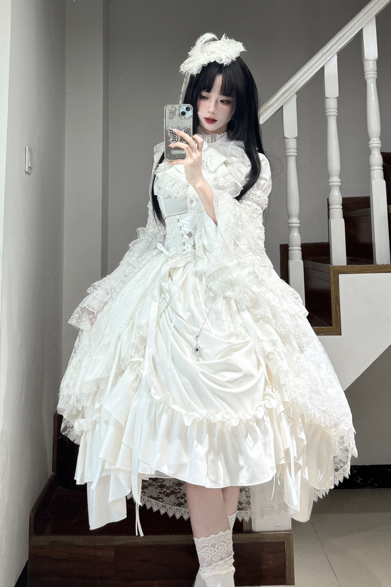 Gothic Super Jisleeve Lolita Shirt + Ruffle Skirt + Hat