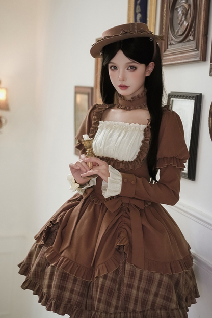 Sweet Checked Doll Dress + 2-way Ribbon + Bow + Hat