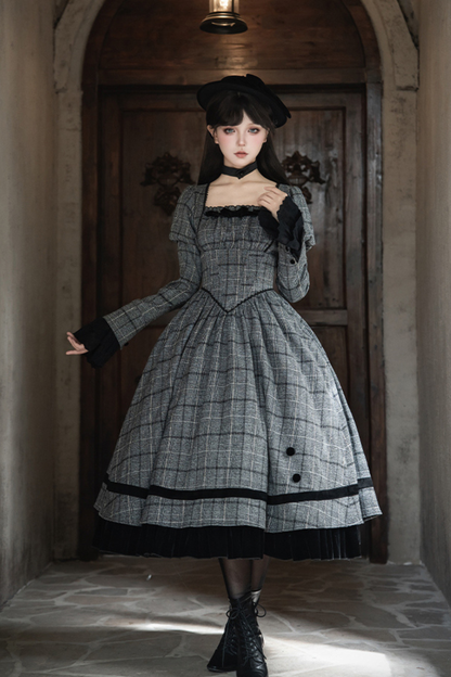 Plaid Fishbone Chest Jsk + Dress + Innerwear + Ribbon + Hat
