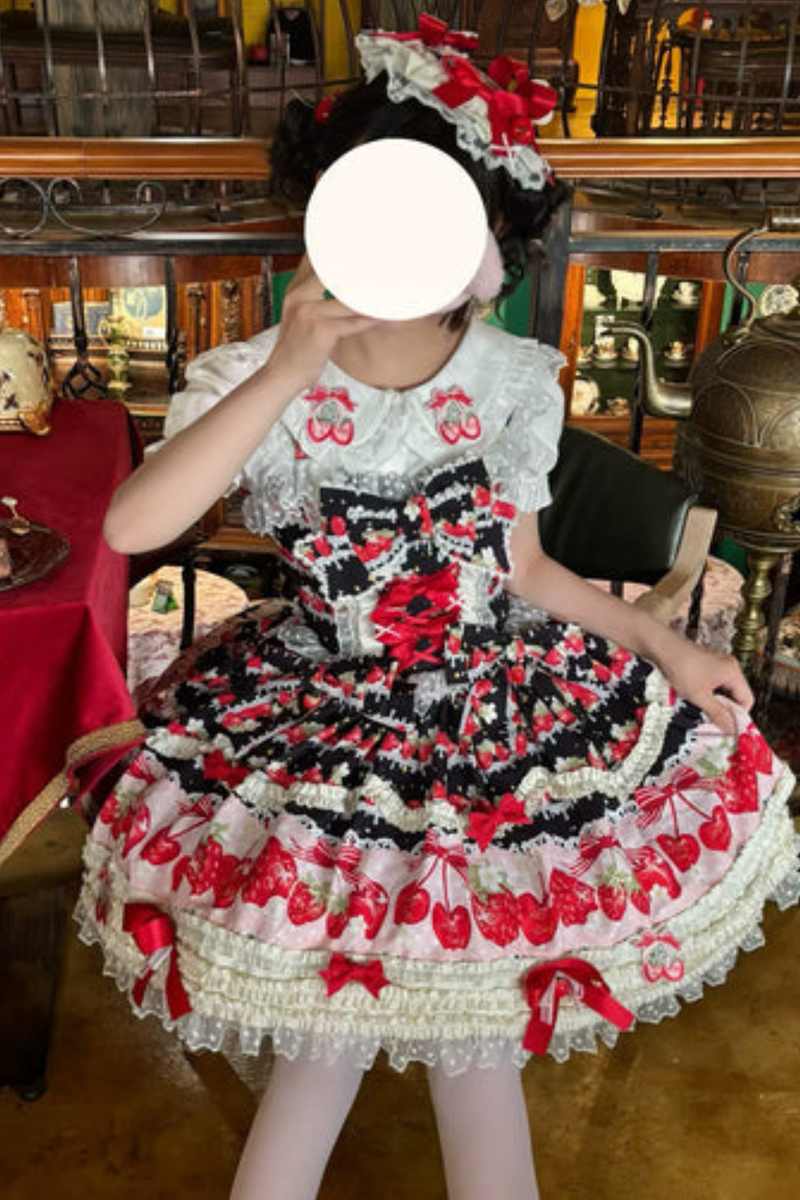 Strawberry Lolita Jumper Skirt + Rabbit Hair Scarf + Big Ribbon + Top + Hat + Bonnet