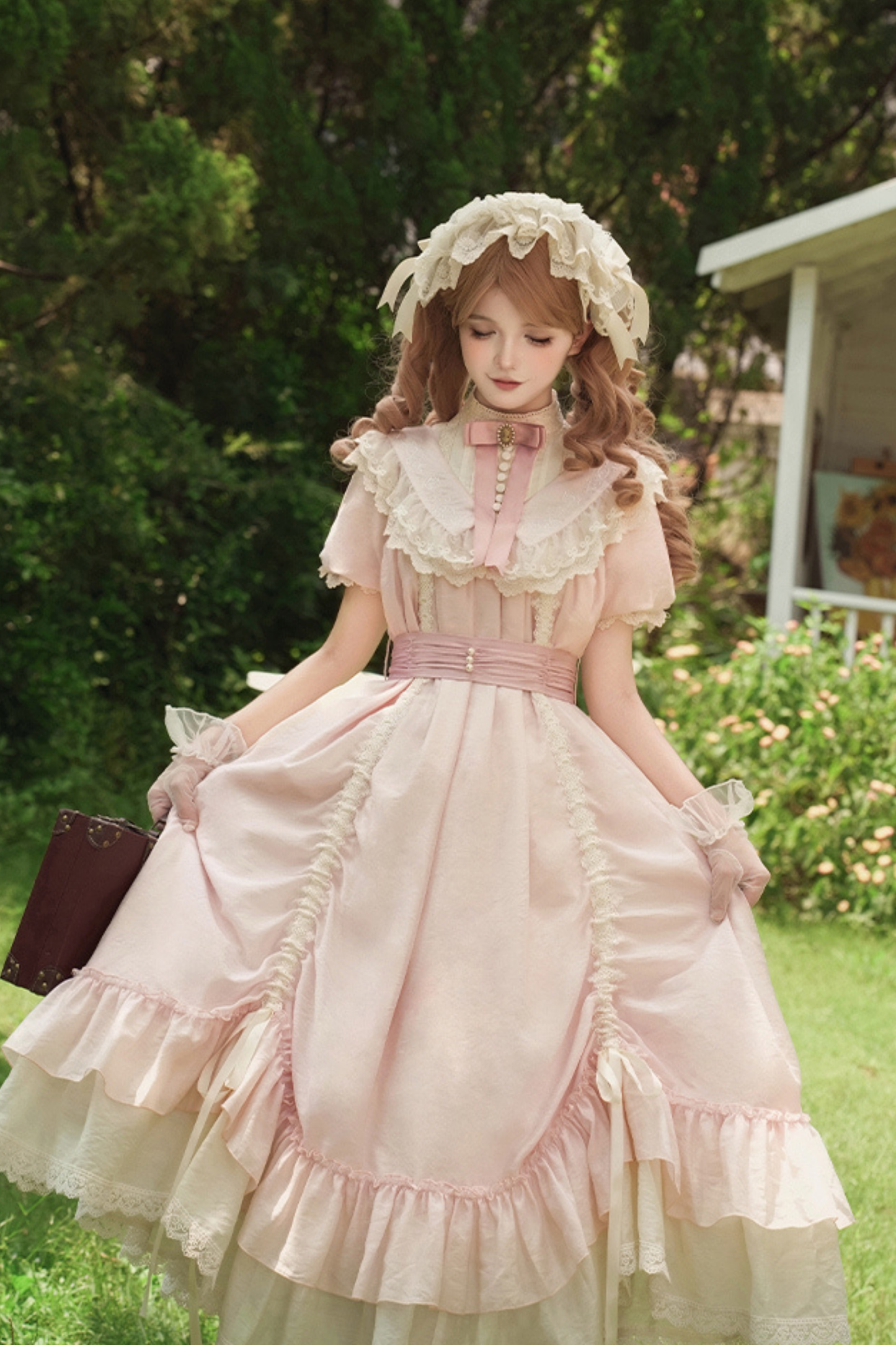 [pre-order] Rose Ruffle Lolita Dress + Dress + Belt + Brooch + Ribbon + Headband + Sleeve