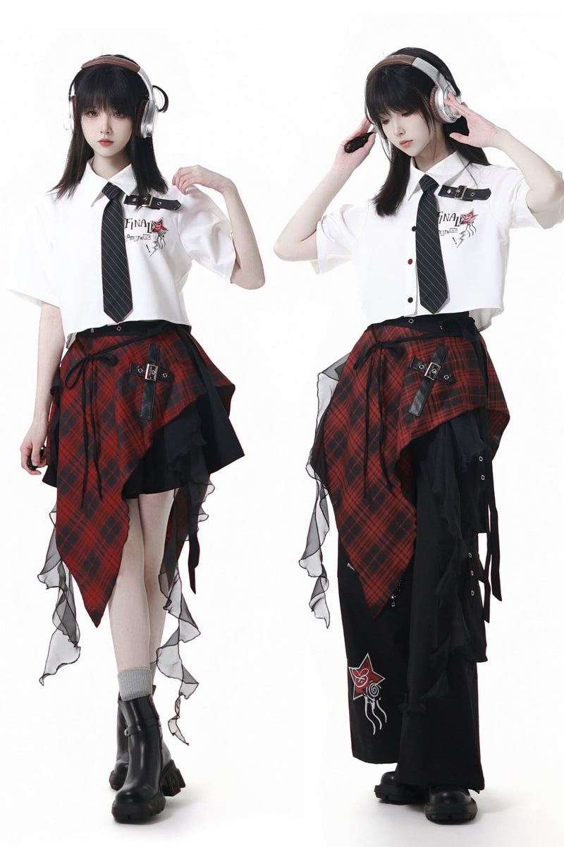 Contrast Shirt + Checkered Skirt + Black Skirt + Wide Pants + Tie