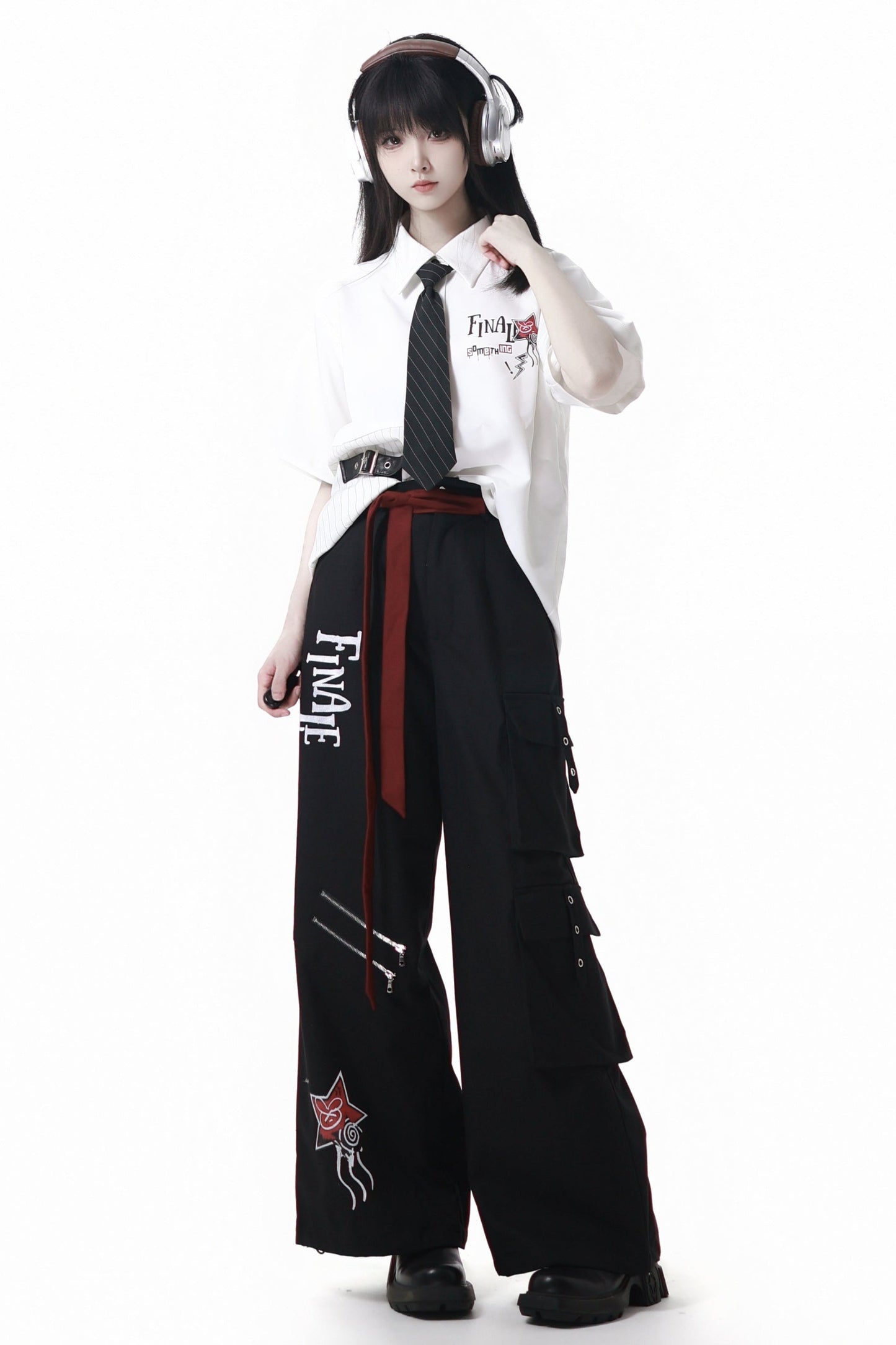 Contrast Shirt + Checkered Skirt + Black Skirt + Wide Pants + Tie