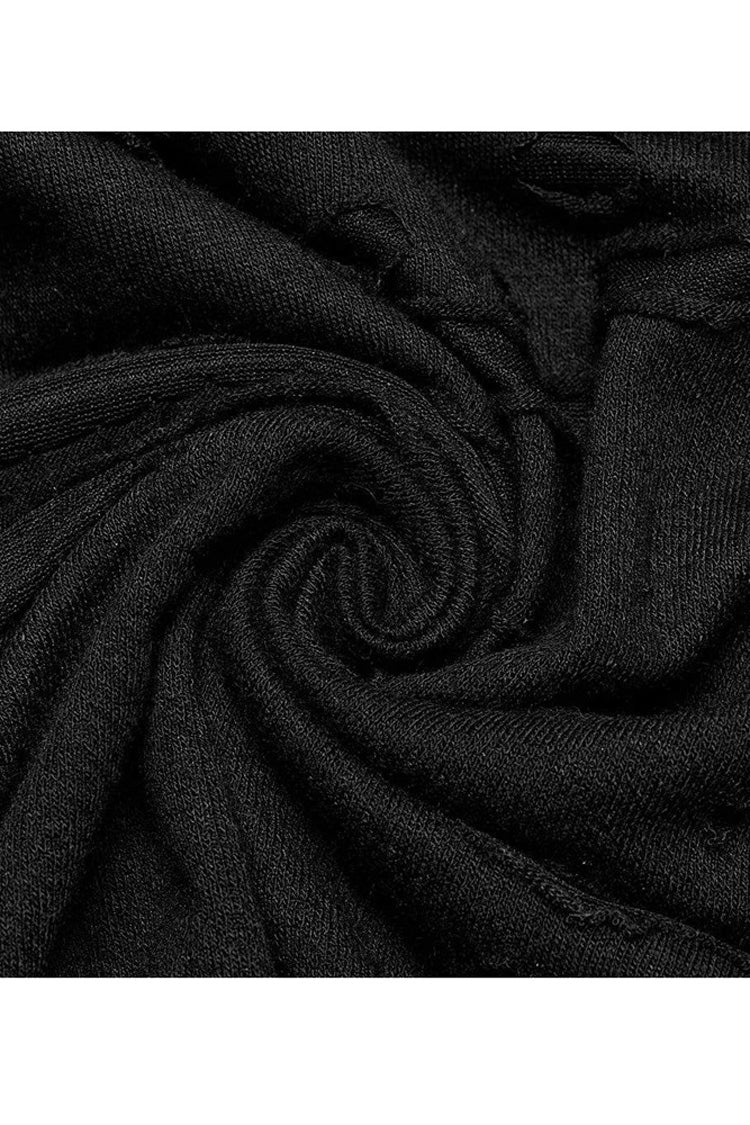 Black Gothic Broken Holes Knitted Fabric Stitching Metal Buckle Detachable Decorative Tape Long Sleeve T-shirt