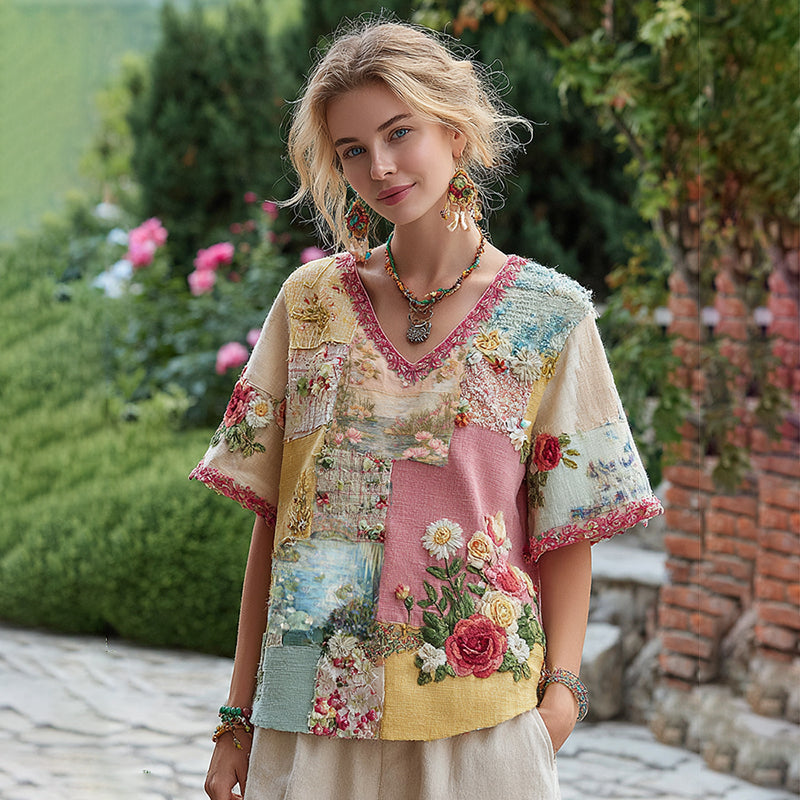 Women's Oil Painting Water Lily Floral Patchwork Comfy  Shirt elevenforest