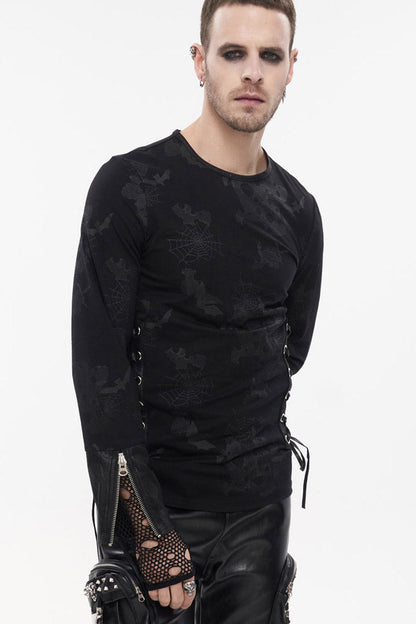 Black Punk Long Sleeve Knit Broken Holes Spider Web Print Crew Neck Shirt