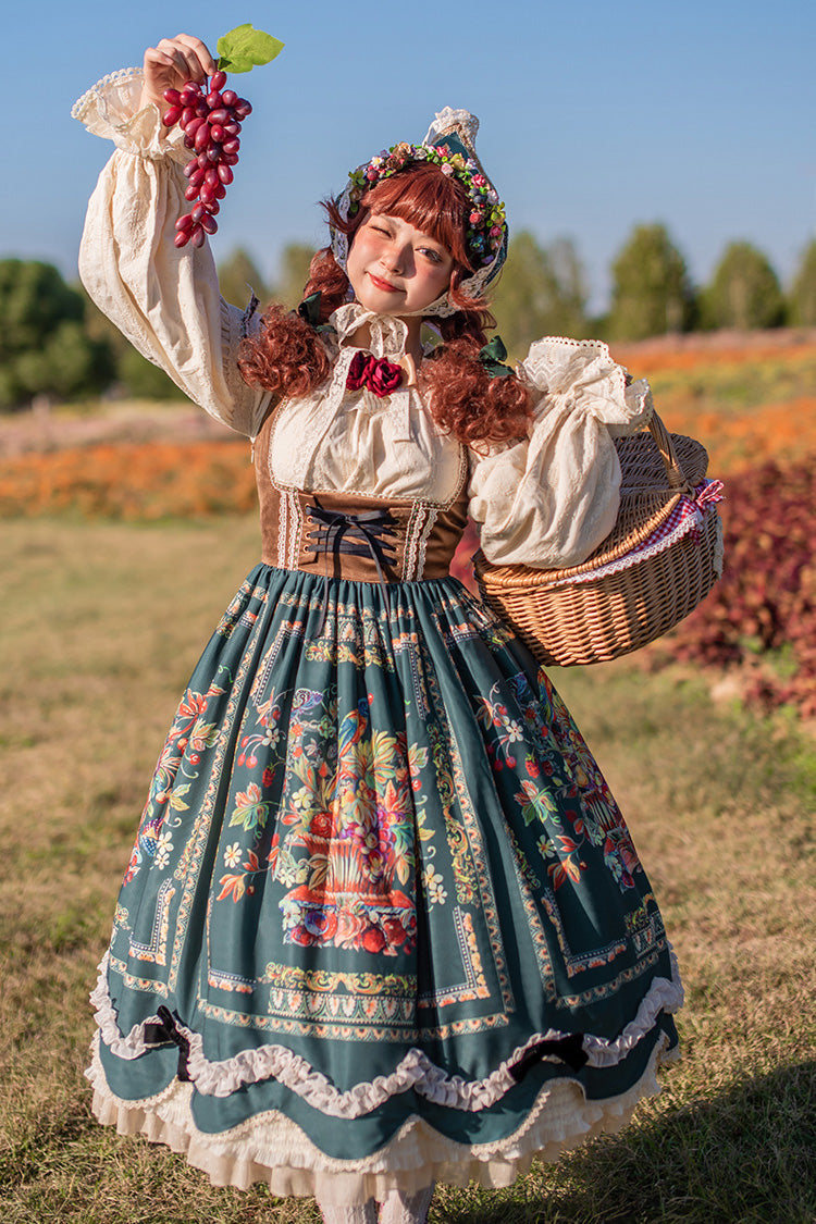 Green [ode to Plenty] Berries and Birds Print Ruffle Bowknot Velvet Classic Lolita Breast Support Jsk Dress