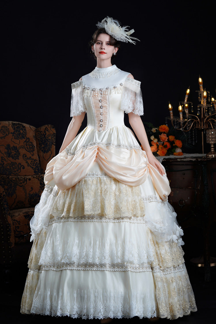 Champagne Stand Collar Multi-layered Ruffled Lace Classic Palace Victorian Lolita Dress