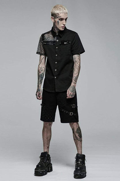 Black Punk Elastic Cotton Twill Fabric Spliced Diamond Mesh Asymmetrical Personality Short Sleeve Shirt
