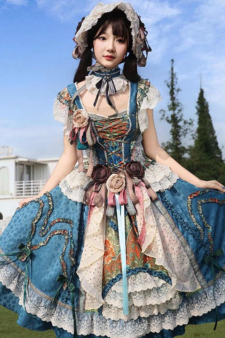 Blue [lake Monet] Sleeveless High Waisted Print Ruffle Cardigan Bowknot Lace-up Classic Princess Lolita Jsk Dress