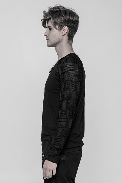 Black Long Sleeves Metal D-buckle Ripped Steampunk T-shirt