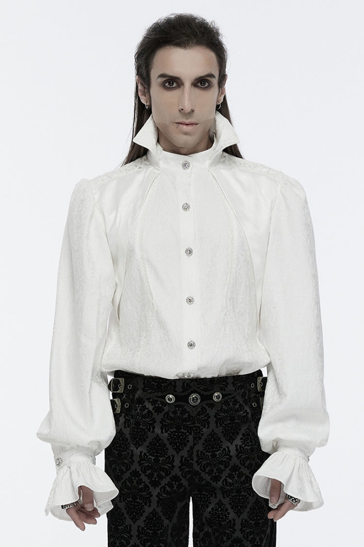 White Lapel Collar Long Sleeves Rings Punk Blouse