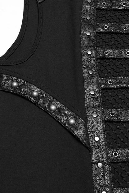 Black Sleeveless Stitching Mesh Eyelet Straps Punk Vest