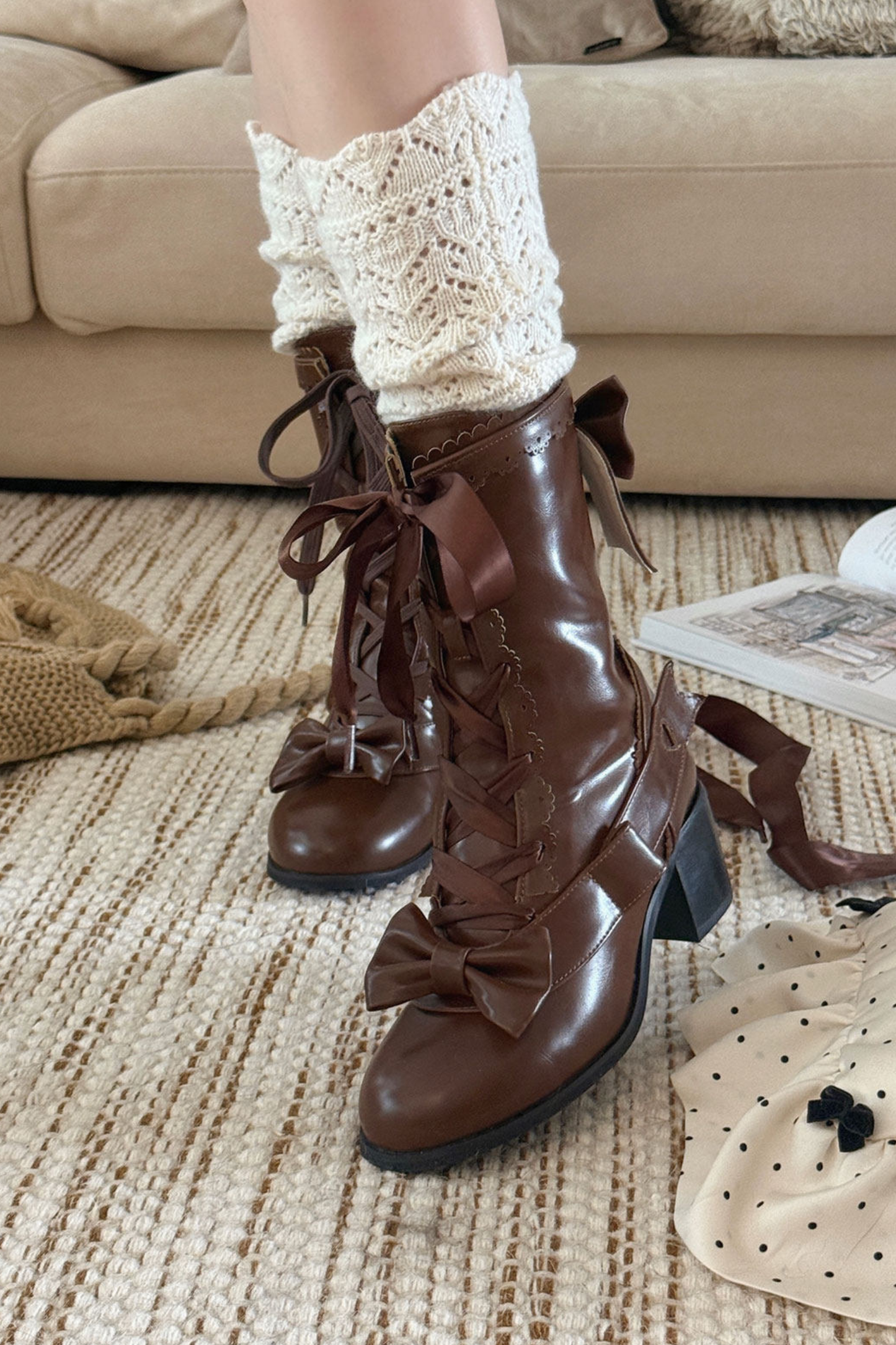 Ribbon Lace Up Mid Calf Boots