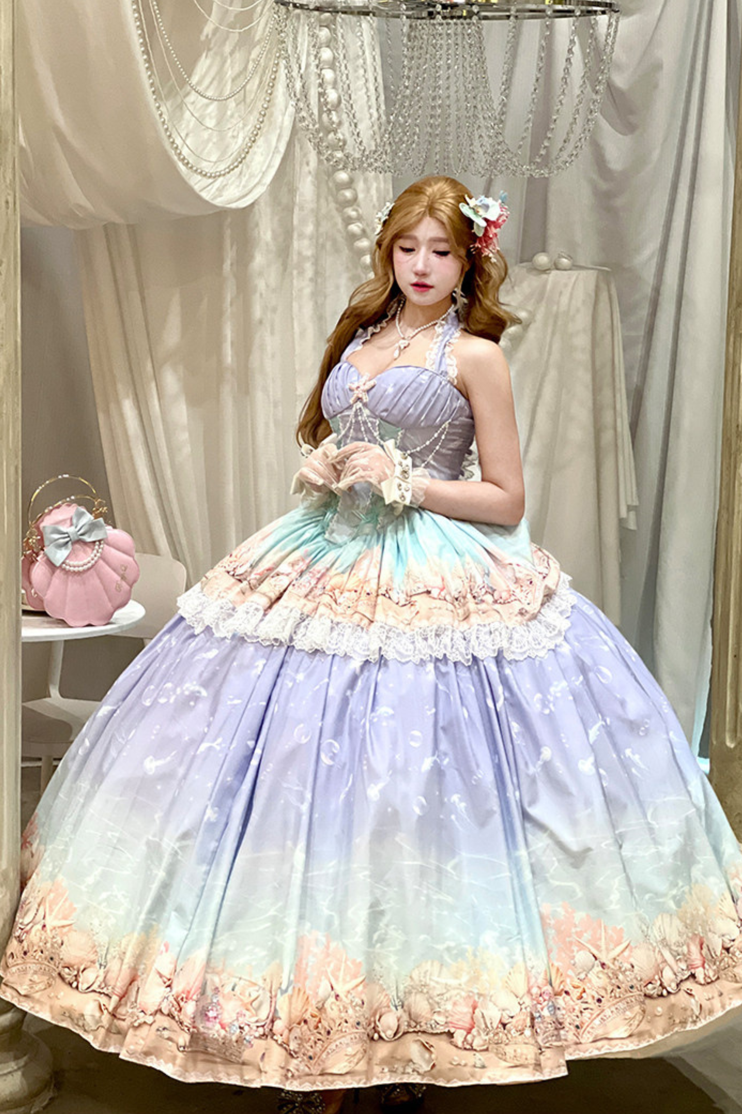 Gradient Bubble Halter Neck French Dress + Skirt