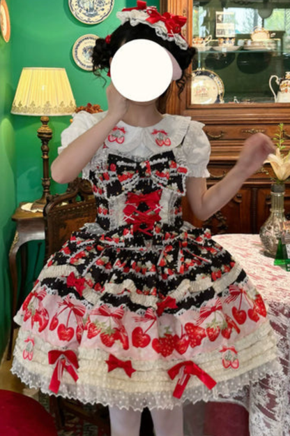Strawberry Lolita Jumper Skirt + Rabbit Hair Scarf + Big Ribbon + Top + Hat + Bonnet