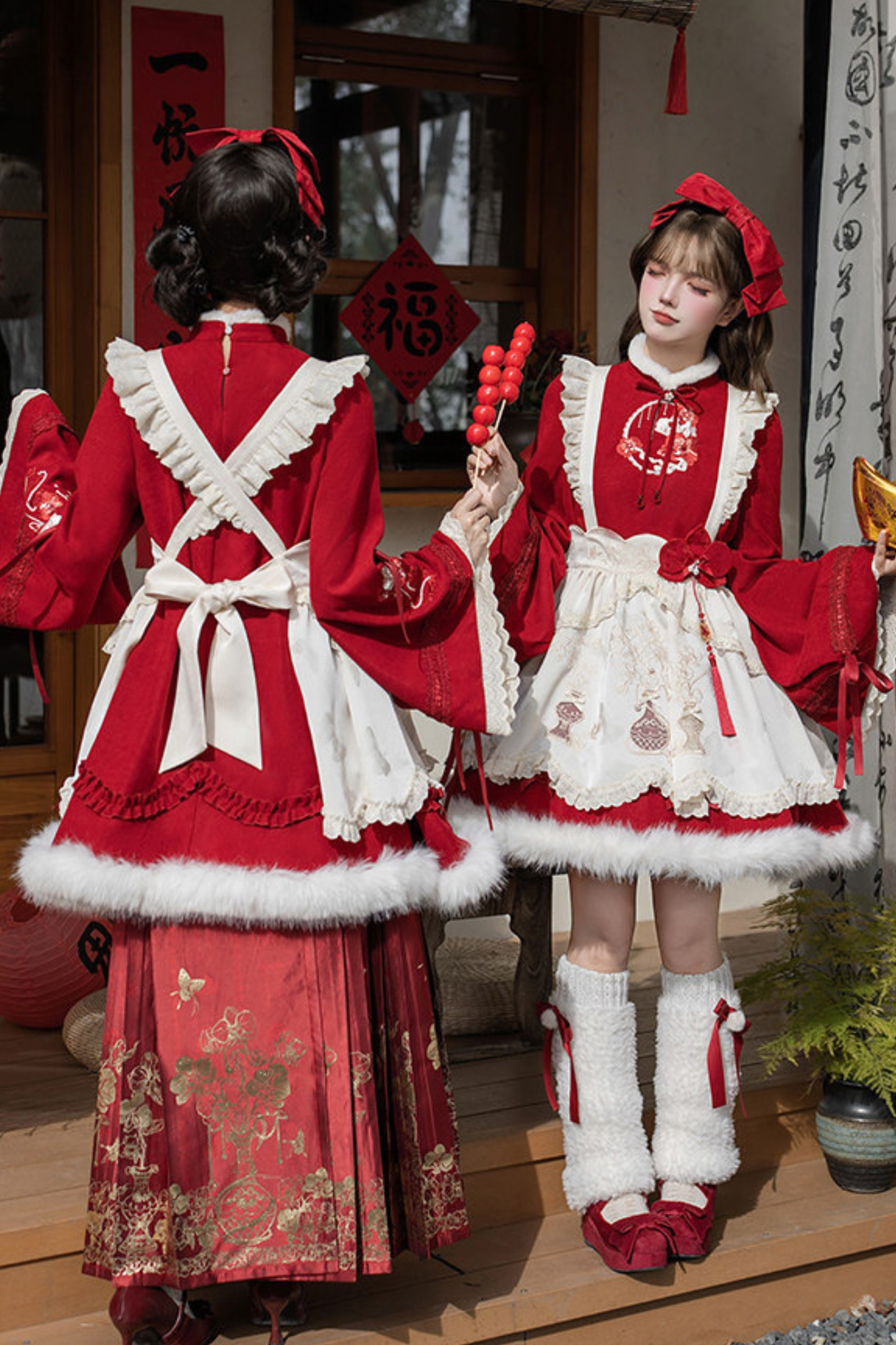 Chinese-style Big Sleeve Dress + Apron + Skirt + Leg Warmers + Hairband + Clip + Pin