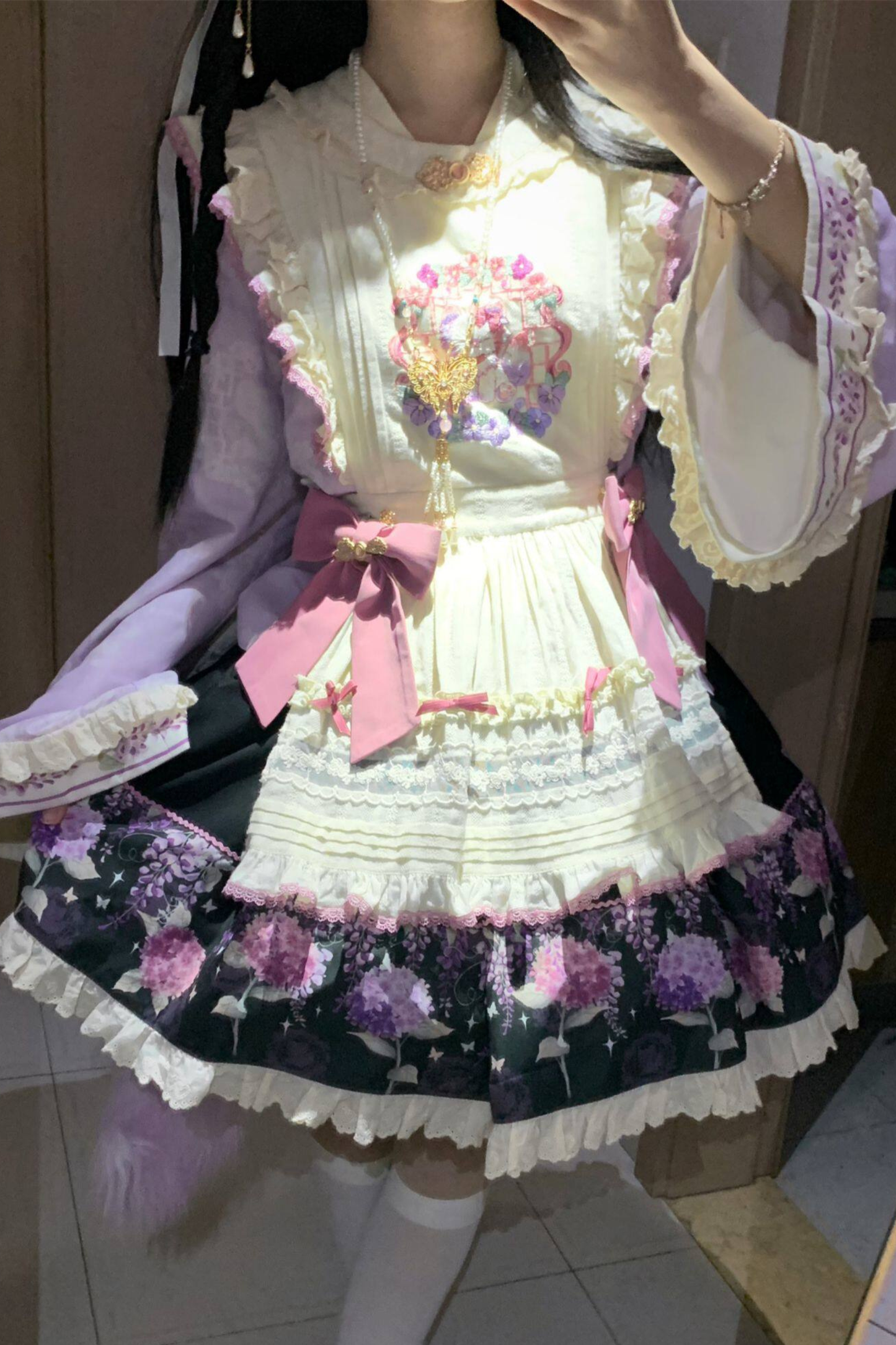 Chinese-style Lolita Top + Skirt + Apron + Headband + Bonnet