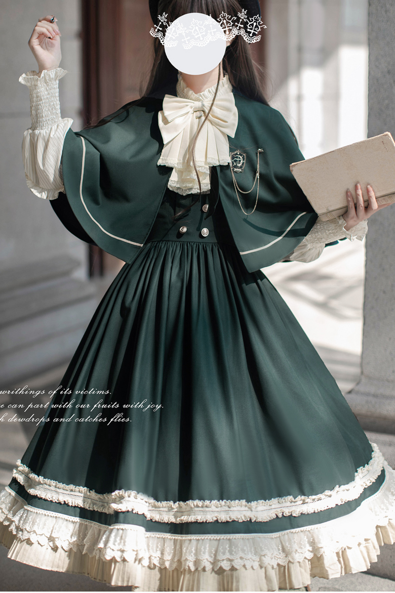 [pre-order] Retro Academia Jumper Skirt + Striped Shirt + Hooded Cape + Short Jacket + Collar + Brooch