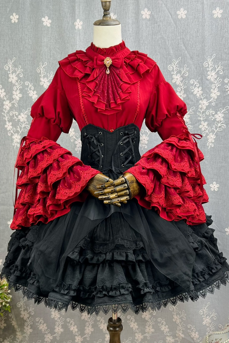 Princess Sleeve Lolita Gothic Blouse + Flare Skirt + Waist Belt
