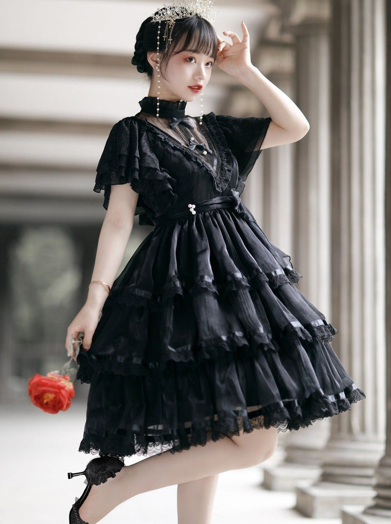 Stand Collar Ruffle Tiered Airy Dress