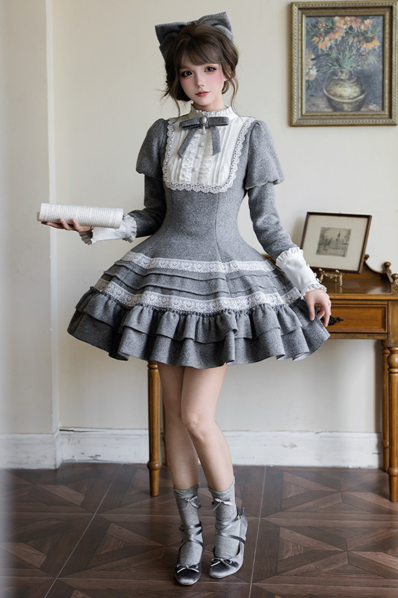 Ruffled Cape Coat + Dress + Hair Accessories + Brooch