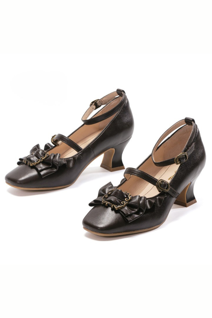 Leather Ribbon Ruffle Lolita Heels