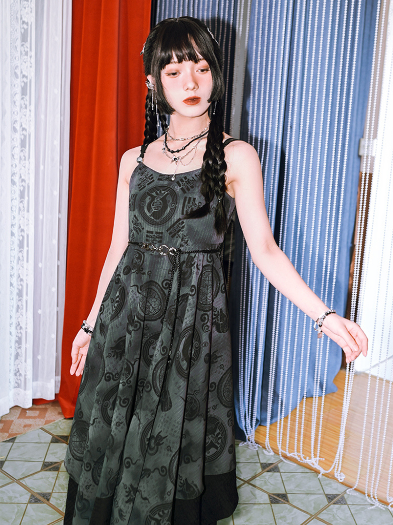 Dark Chinese-style Asymmetric Long Camisole Dress + Short Cardigan