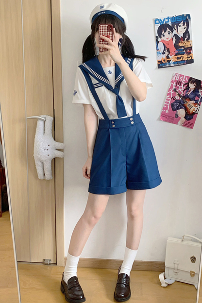 Sailor Shirt + Suspender Shorts + Tie + Beret