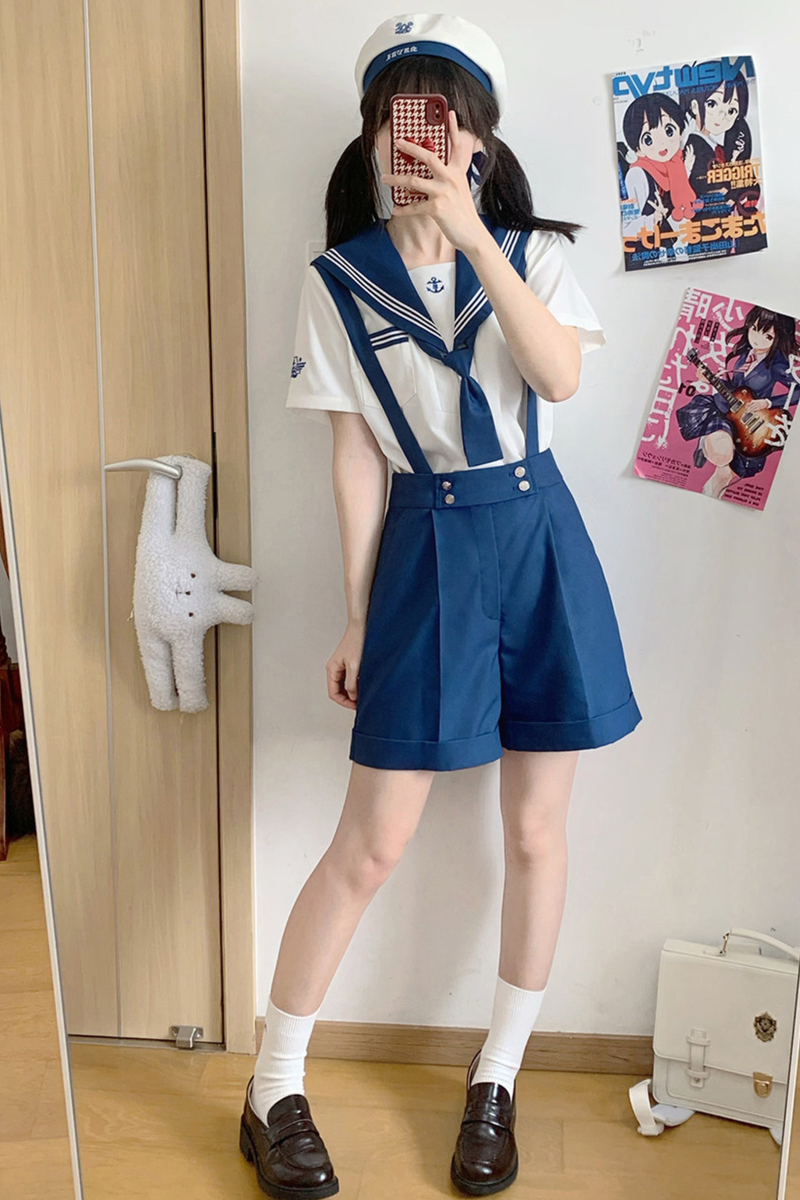 Sailor Shirt + Suspender Shorts + Tie + Beret