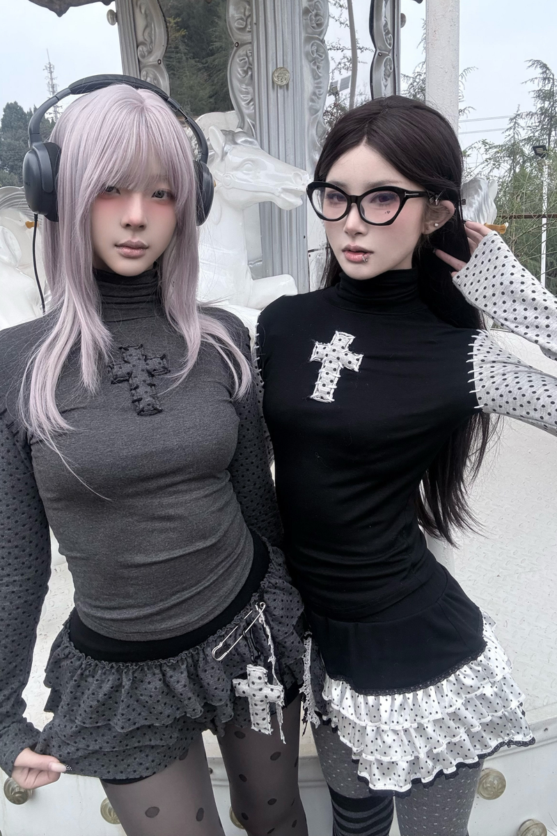 Cross Dot Turtleneck Top + Skirt + Pendant