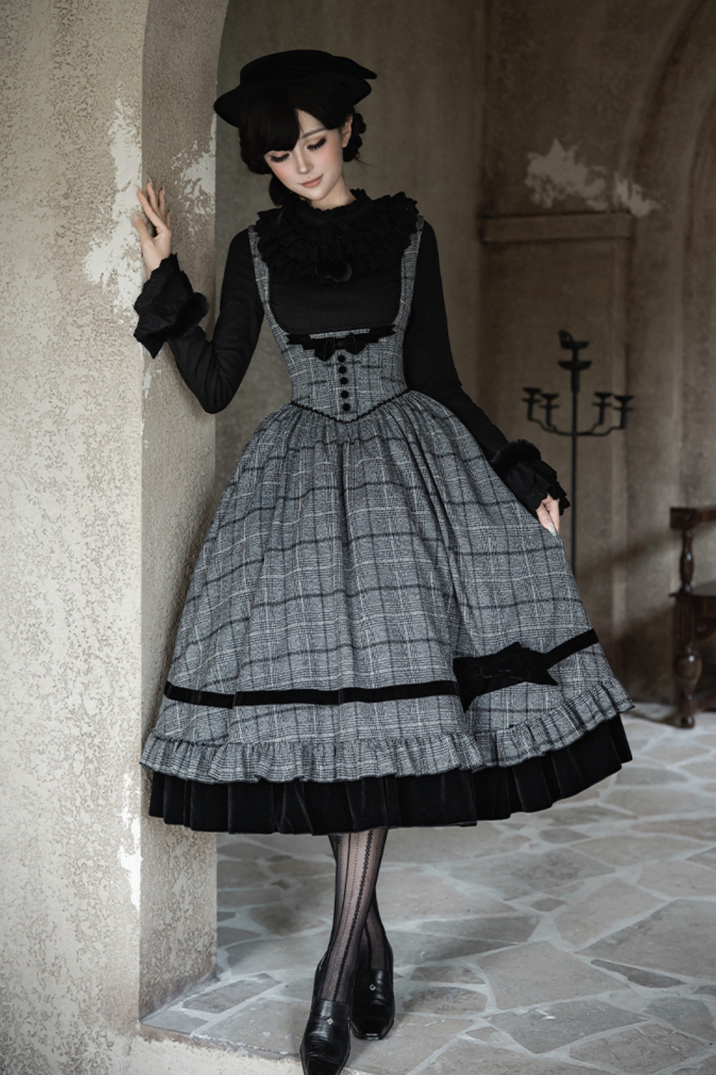 Plaid Fishbone Chest Jsk + Dress + Innerwear + Ribbon + Hat